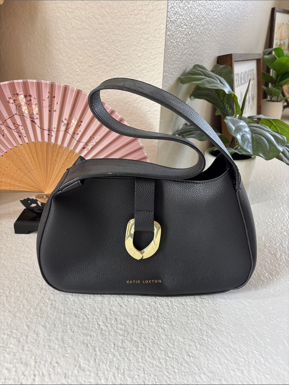 Black Faux Leather Shoulder Bag with Gold Hardware